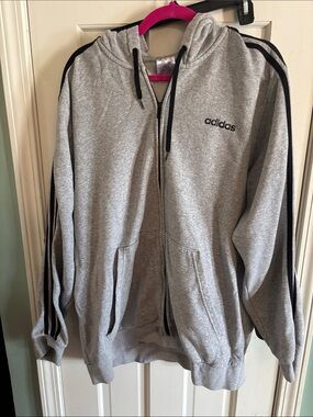 adidas Gray Full-Zip Hoodie Jacket with Black Stripes